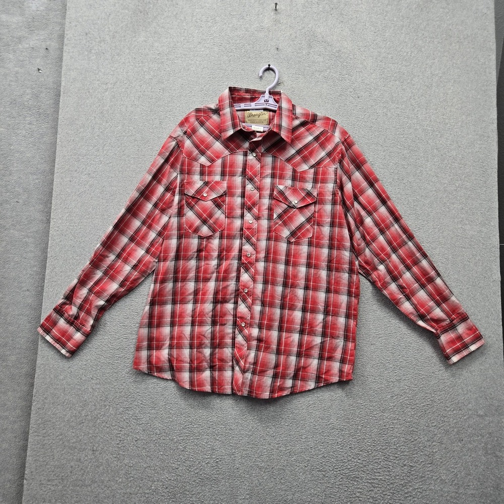 Wrangler Men Button Up Shirt XL Red Shirt Plaid Western Pearl Snap Long Sleeve